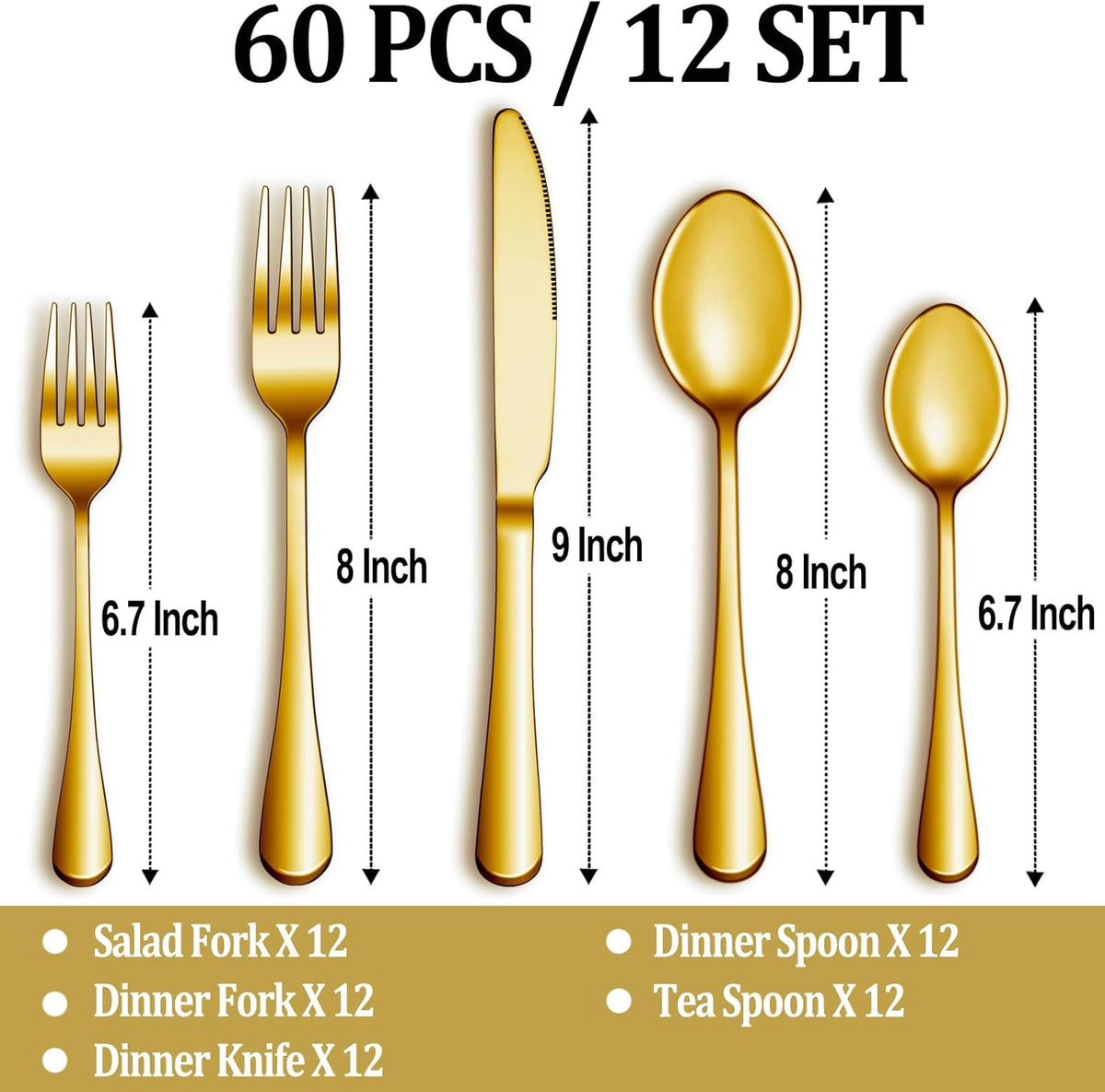 MUTNITT 60 Pcs Gold Silverware Set Service for 12, Premium Stainless Steel Flatware Set, Cutlery Utensil Set, Durable Home Kitchen Eating Tableware Set, Include Fork Knife Spoon Set, Dishwasher Safe