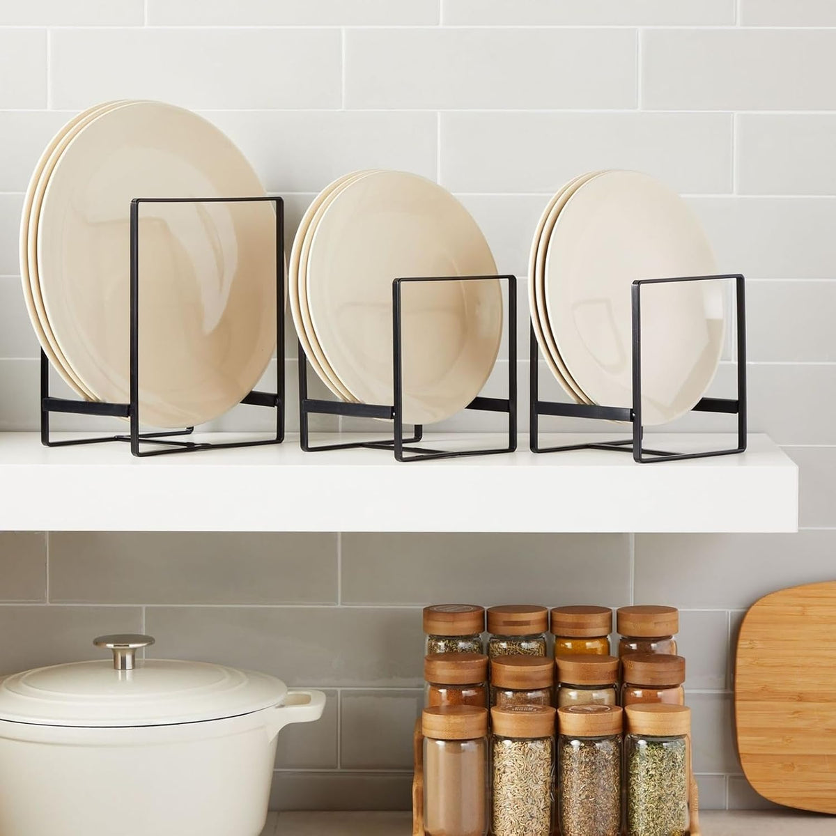Juvale 3-Piece Kitchen Cabinet Organizer Shelf - Black Iron, 2 Sizes for 8" & 10" Plates - Cutting Board Organizer, Pot Lid & Paper Plate Holder