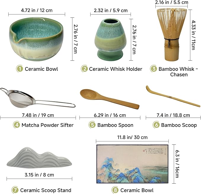 Matcha Whisk Set with Ceramic Bowl - Bamboo Whisk (Chasen), Scoop, Sifter & Holder - Complete Kit for Traditional Matcha Tea - Unique Gifts for Women, Men, Tea Lovers (Green)
