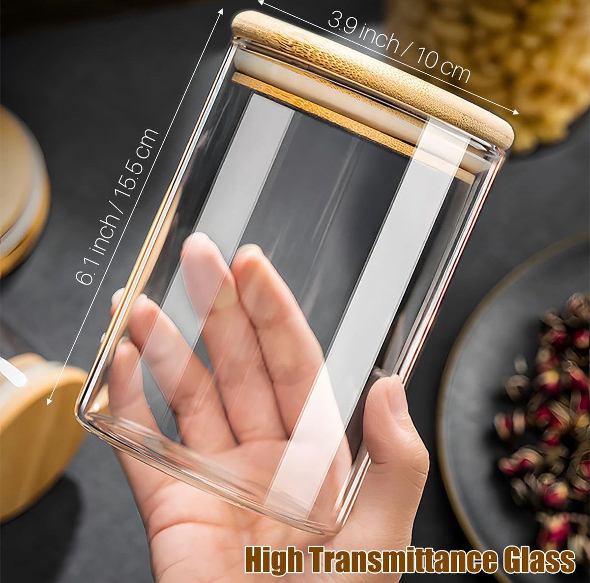 33 oz Glass Food Storage Jars with Airtight Lids, Clear Glass Jar with Bamboo Lid, Airtight Food Canister for Tea, Candy, Coffee, Sugar, Cookie, Snack. (Round | 5+6 Inch) SET of 3
