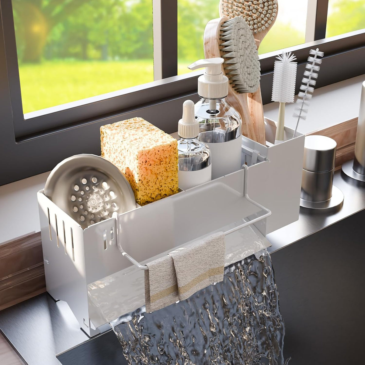 Sponge Holder for Kitchen Sink, Space-Saving Sink Caddy with Brush Holder, Kitchen Countertop Organizers and Storage Essentials