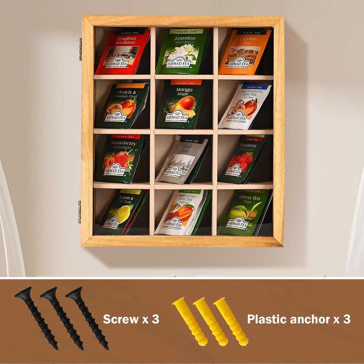 Wood Tea Box Organizer 12 Compartment Multi-Functional Storage Box with Clear Acrylic Window,Tea Bag Holder for Cabinet.