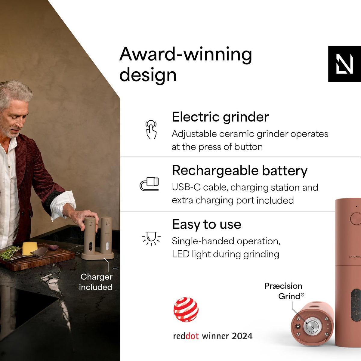 LARS NYSØM Electric Salt and Pepper Grinder Set, USB Rechargeable, Automatic Salt and Pepper Mills, Spice Shakers Refillable with LED Light, Adjustable Coarseness, Ceramic Grinder (Brick Red)