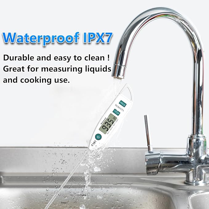 BOMATA Waterproof IPX7 Thermometer for Water, Liquid, Candle and Cooking. Instant Read Food Thermometer with Long Probe for Cooking, Meat, BBQ! T101 White