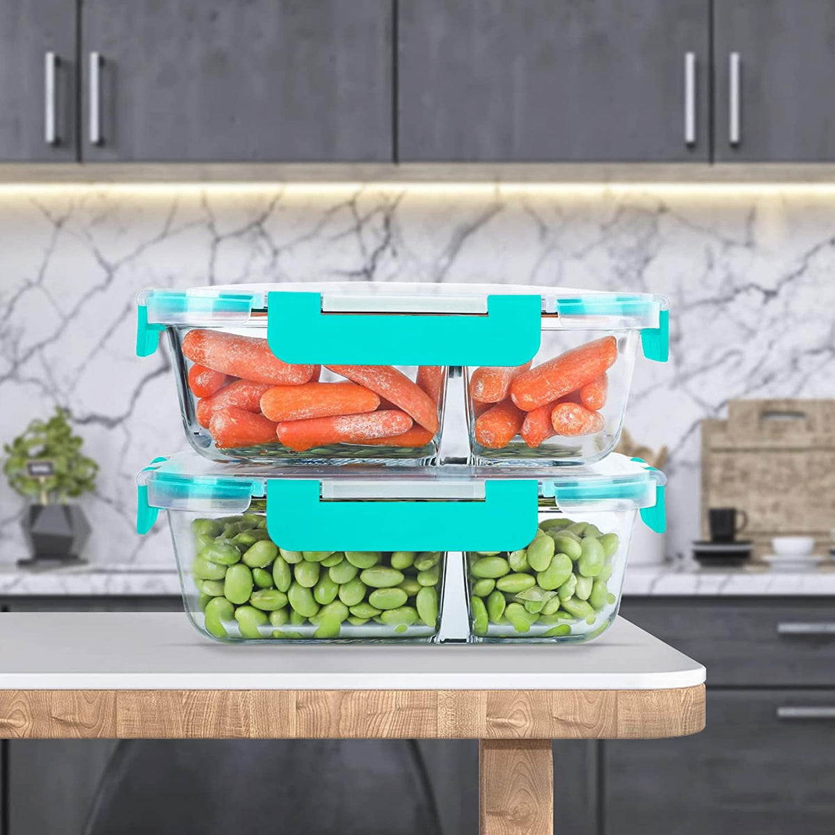 KOMUEE 10 Packs 30oz Glass Meal Prep Containers 2 Compartments,Glass Food Storage Containers with Lids,Airtight Glass Lunch Bento Boxes,Oven,Freezer and Dishwasher Safe, Green