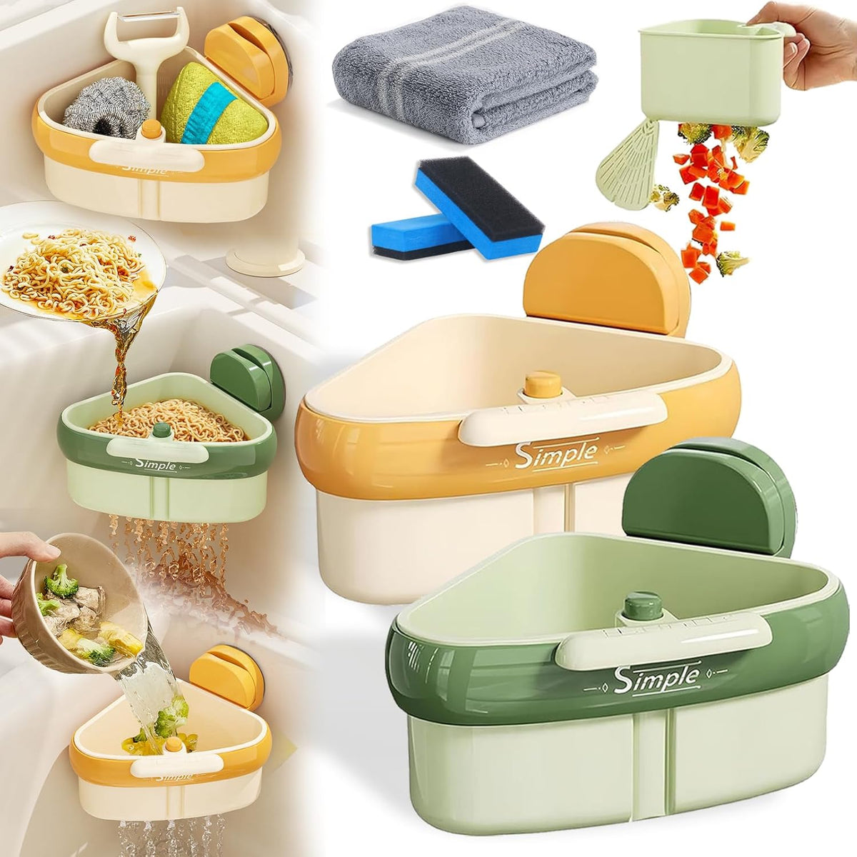 Suction Cup Sink Corner Rack, 2025 Upgraded Self-Cleaning Sink Strainer Basket, Removable Food Waste Catcher with Drain Hole, Say Goodbye to Gross Food Scraps and Smelly Sinks (Mixed)
