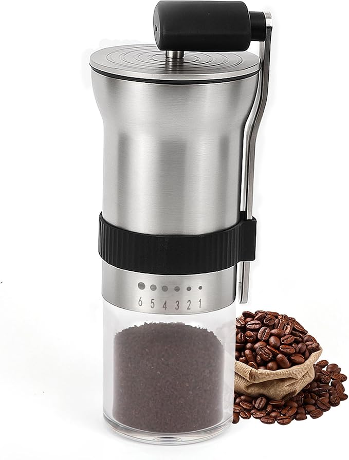 Manual Coffee Grinder with Ceramic Burr, 1.12oz Capacity Handheld Mill for Espresso, Drip, French Press, Cold Brew,with 6 Adjustable Settings & Quiet & Portable Coffee Bean Grinder for Home Use
