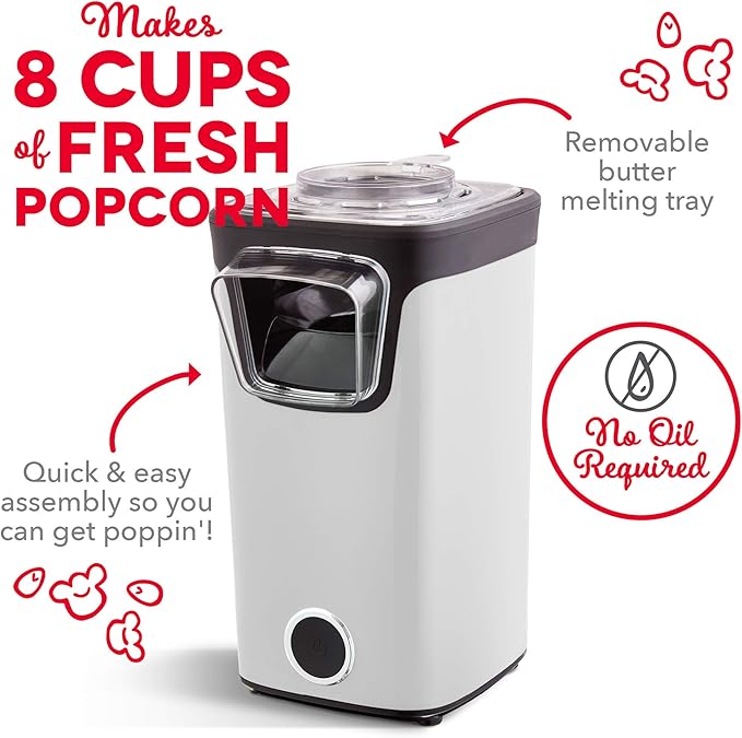 Dash Turbo Pop Popcorn Maker - Theater-Style Popcorn Machine - Comes with Measuring Cup & Butter-Melting Tray - Convenient, Space-Saving Design - 8 Cups, White