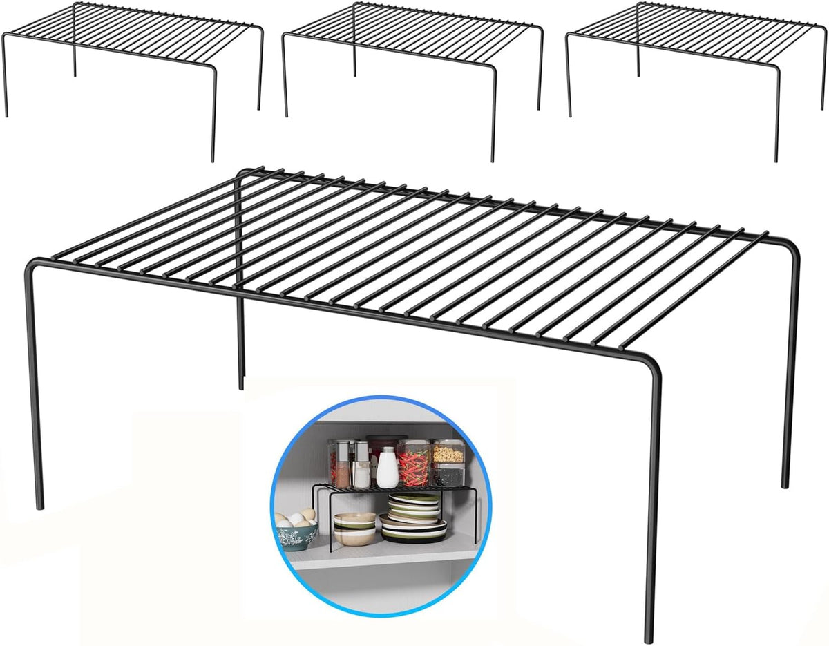 Large(15.7 x 9.4 inch)Black Cabinet Storage Shelf Rack Set of 4, Rustproof Metal Wire Kitchen Counter Organizers and Storage, Spice Organization for Cabinet, Plate, Dish, Pantry, Bathroom, Fridge