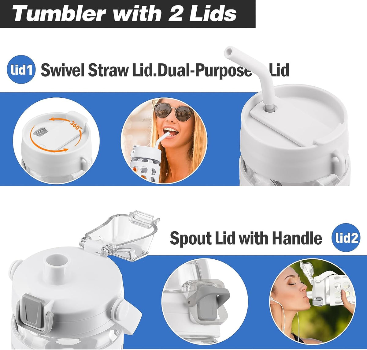 MUKOKO 32 oz Glass Tumbler with Straw,Glass Water Bottles with Time Marker,Iced Coffee Cup with 2 Lids-Handle Spout Lid&Straw Lid,Silicone Sleeve,Leakproof,1 Pack-White