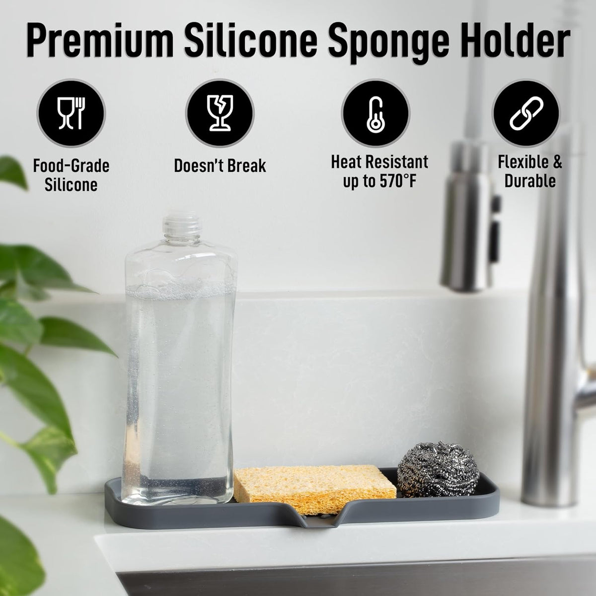 Zulay Kitchen Large Silicone Sponge Holder (12x4) – Flexible Sink Organizer Tray for Kitchen & Bathroom – Multipurpose Soap Dish for Sponges, Makeup, Trinkets & More (Grey)