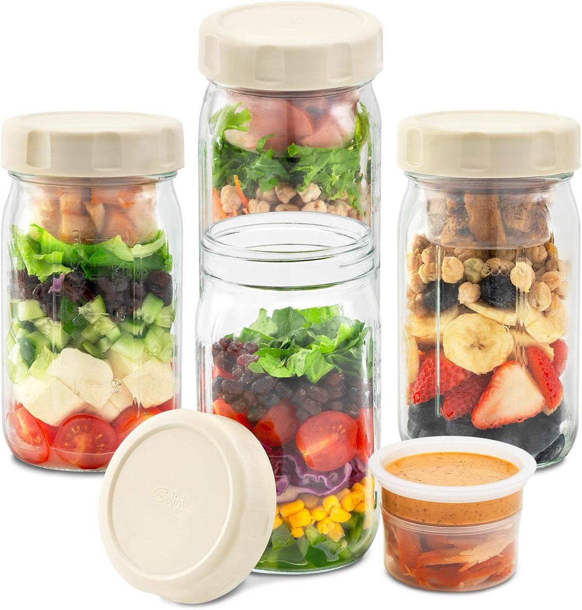 SOLIGT 4 Pack Glass Salad Jars with Lids Meal Prep, Leakproof Container for Lunch, Two Small Built-in Boxes with Wet/Dry Separation for Salad Dressing and Dry Ingredients, 32oz Mason Jars