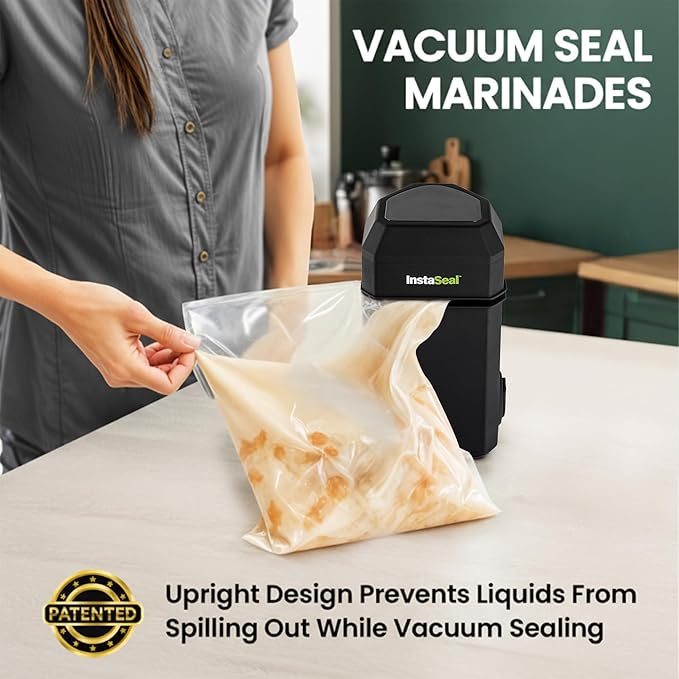 InstaSeal Vacuum Sealer for Food with 12 Bags, Preserves Foods 5x Longer, Space Saving Compact Upright Design Allows Machine to Heat Seal Marinades, Soups, Meats for Sous Vide Cooking