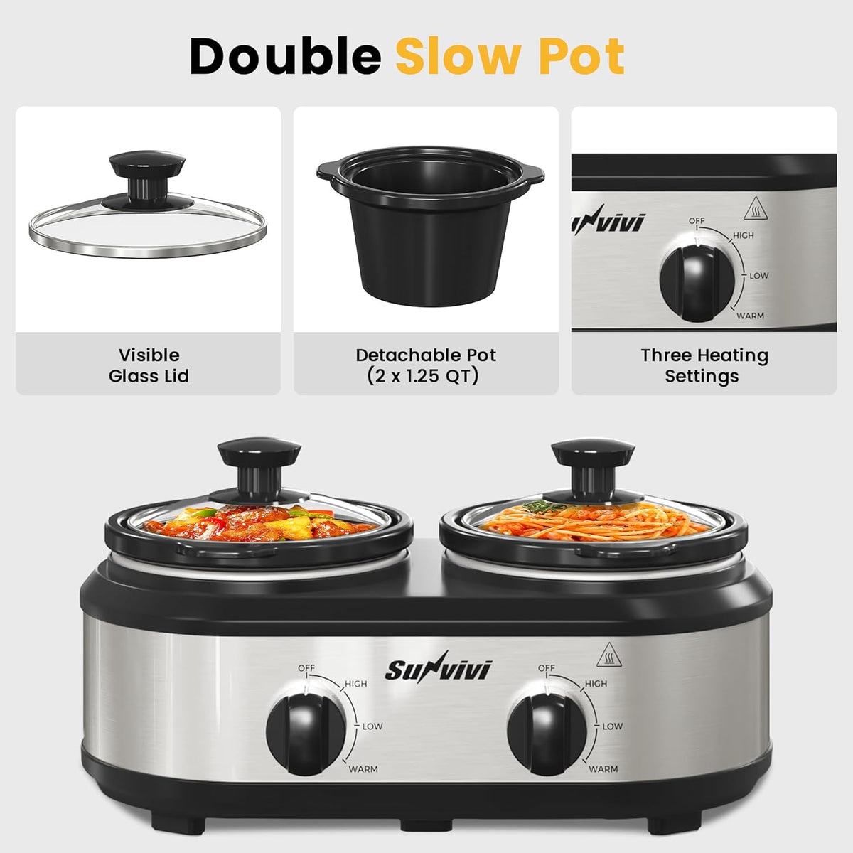 Sunvivi Dual Slow Cooker, Buffet Server and Food Warmer, Small Mini Pot with 3 Adjustable Temp & 2 Visible Glass Lids, for Parties, Holidays and Entertaining, Stainless Steel, 2 * 1.25 Quarts