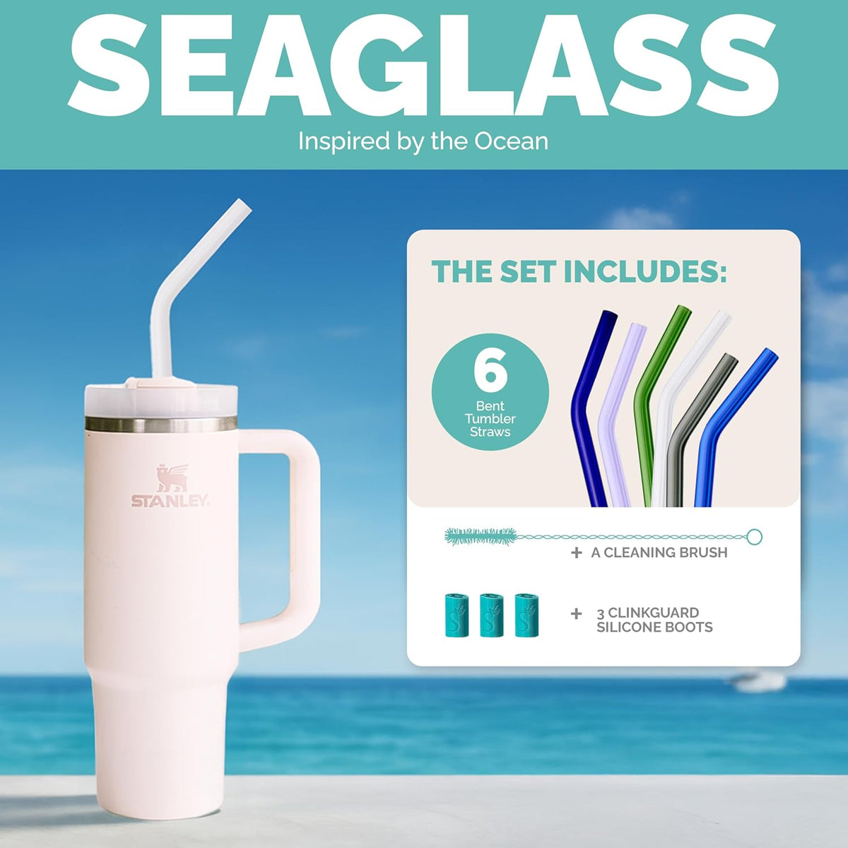 Simply Straws 12 Inch Glass Straws Bent (6-Pack) – Reusable Glass Straws for Stanley 40 Oz Tumbler, with Cleaning Brush – Durable, Dishwasher Safe, Hot & Cold Use, BPA-Free (Seaglass)