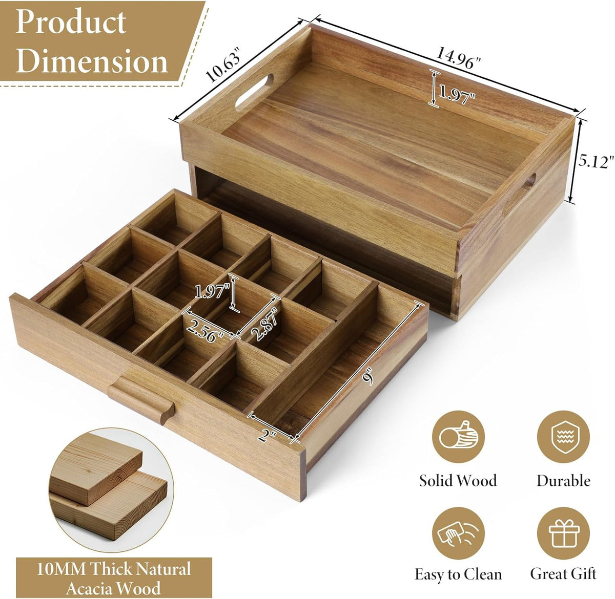 ANMINY Acacia Wood Tea Bag Organizer, Extra Large Tea Storage Box with 13 Compartments, 10MM Thick Wooden Teabag Holder Drawer Box, Tea Caddy Station Chest Containers for Countertop