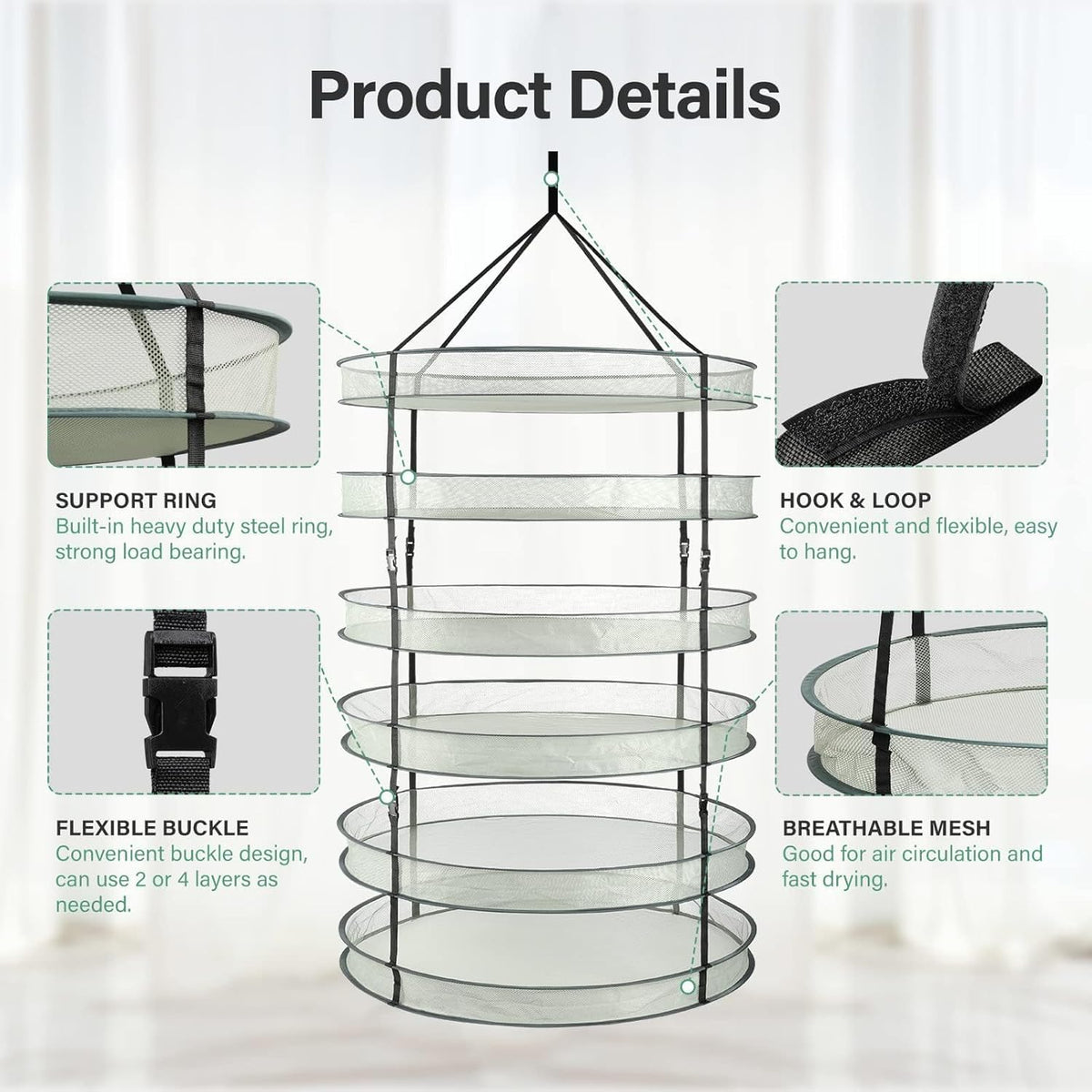 Simple Deluxe 6 Layer 36'' Herb Drying Rack with Hook, Detachable Design Hanging Dry Mesh Folding Basket Dryer for Clothes, Herbs
