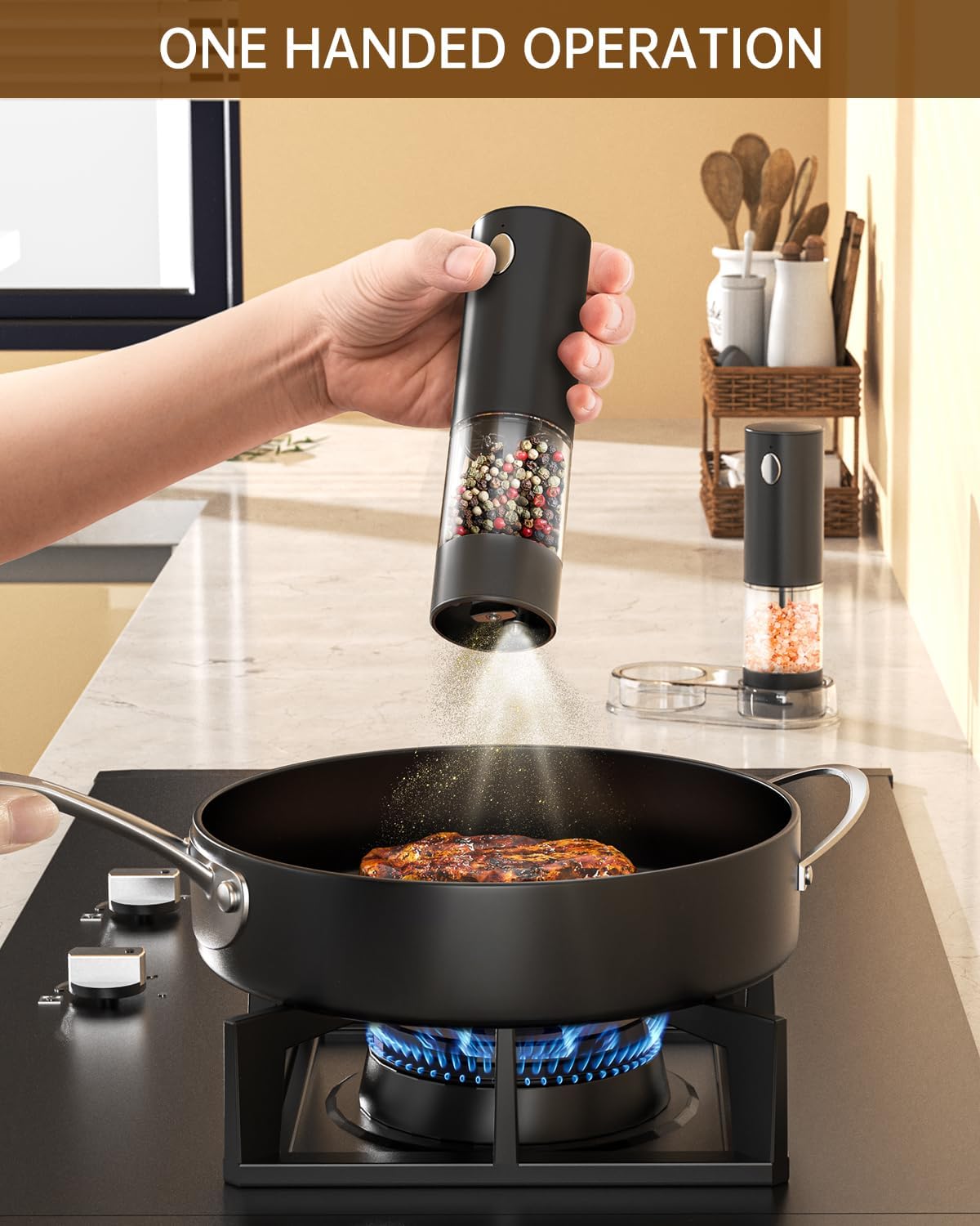 CIRCLE JOY Electric Salt and Pepper Grinder Set Rechargeable Salt and Pepper Mills with Storage Base, Adjustable Coarseness and LED White Light, Washable 95ml Container, Black & White