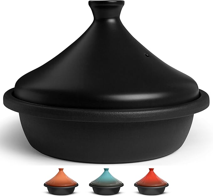 Kook Moroccan Tagine, Enameled Cast Iron Cooking Pot, Tajine with Ceramic Cone-Shaped Closed Lid, 3.3 QT (Matte Black)