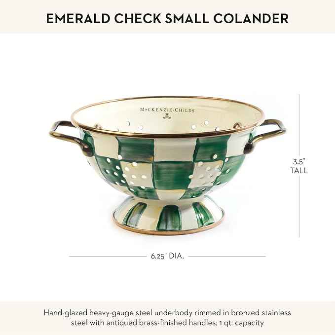 MACKENZIE-CHILDS Enamel Colander, Decorative Kitchen Strainer, Small, Green-and-White Emerald Check