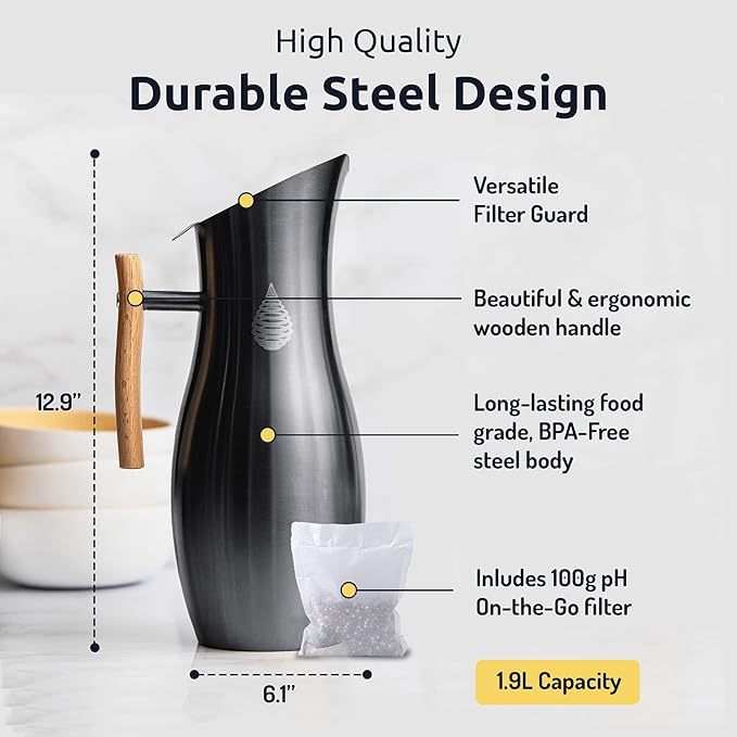 Invigorated Water pH Vitality Stainless Steel Alkaline Water Filter Pitcher - High pH Water Purifier with 1 Alkalizer Filter Pouch (400-Liter Capacity), 8-Cup (1.9L, Black)