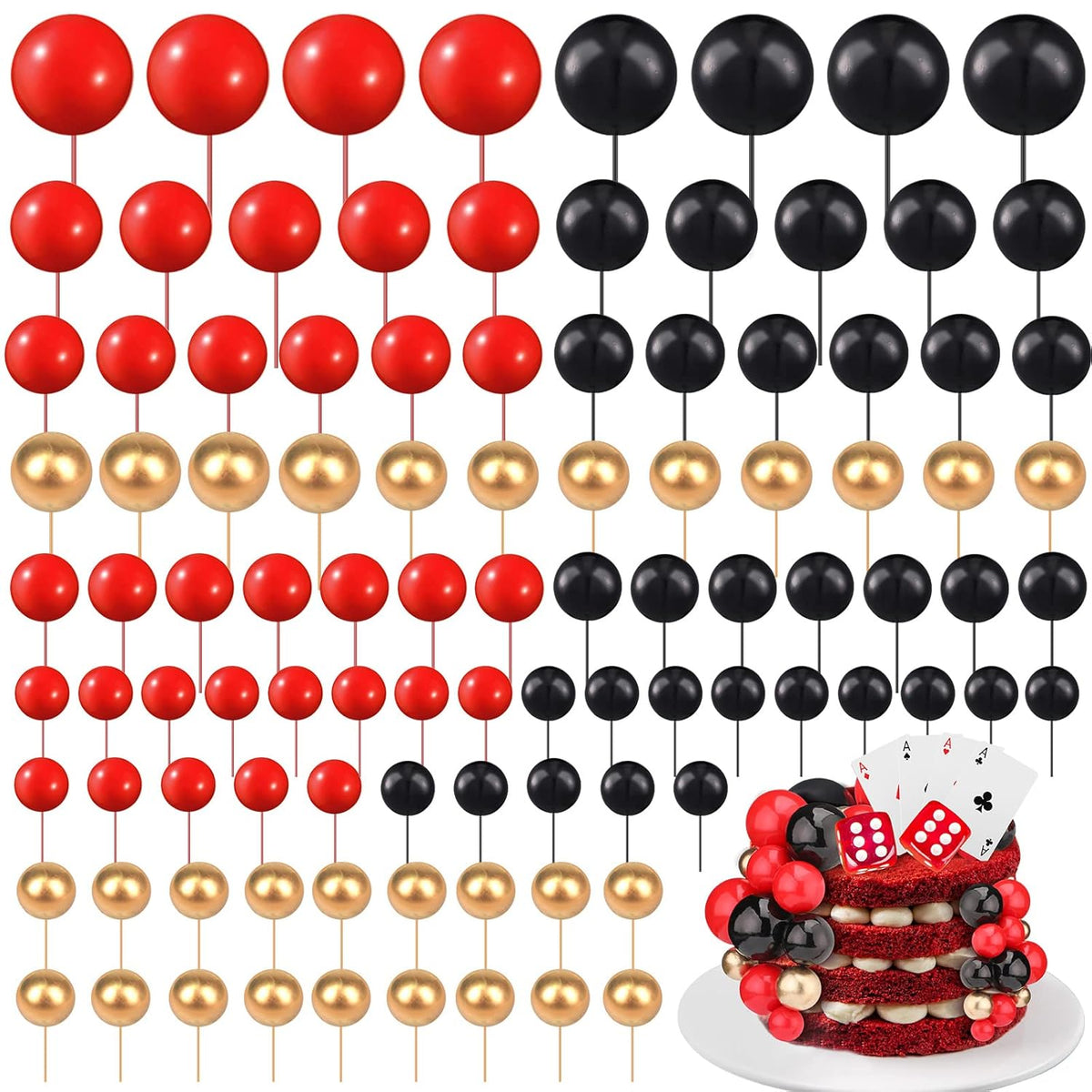 108 Pcs Balls Cake Topper DIY Cupcake Insert Foam Balloons for Cake Baking Wedding Anniversary Birthday Decoration(Red, Black, Gold,Multi Sizes)