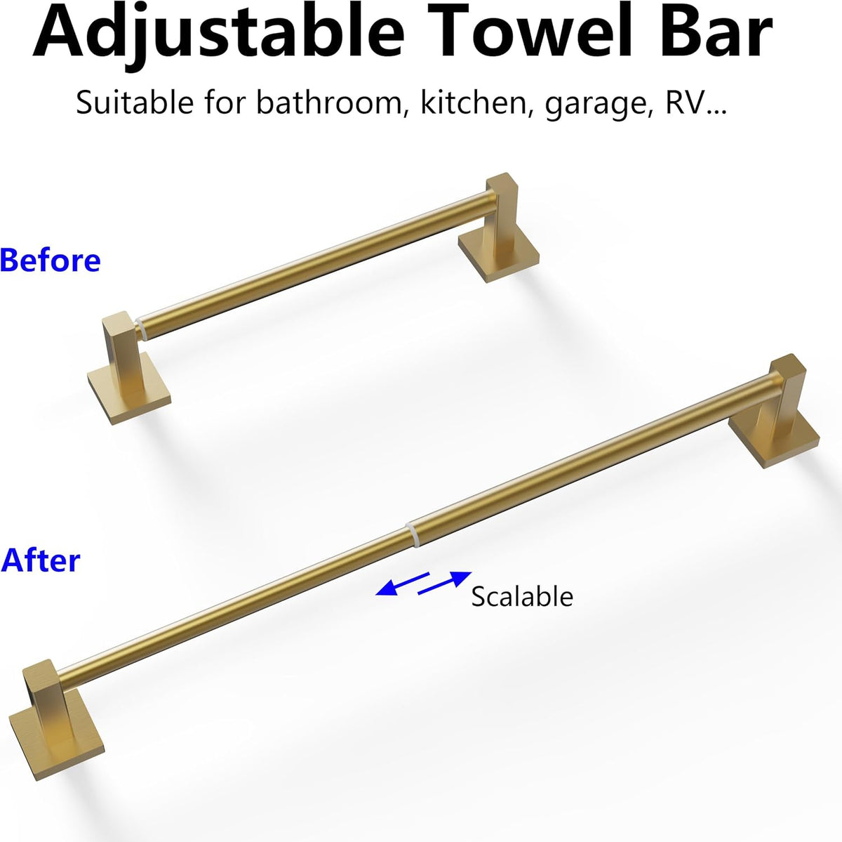 Adjustable Towel Bar, 14.4inch - 25.2inch Towel Rack, Wall Mounted for Bathroom, Kitchen Hand Towel Holder Cloths Hanger SUS 304 Stainless Steel Organizer Single Bar (Gold)