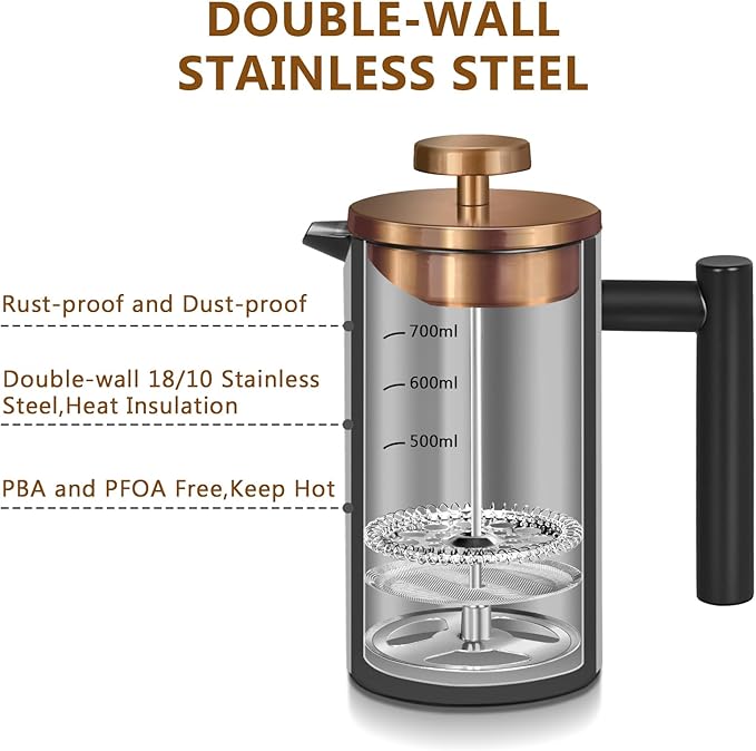 Black Stainless Steel French Press Coffee Maker, Double Wall Insulated French Press,for Coffee&Tea,with 3 Extra Screens and a Coffee Spoon,34oz/1000ml,Gold