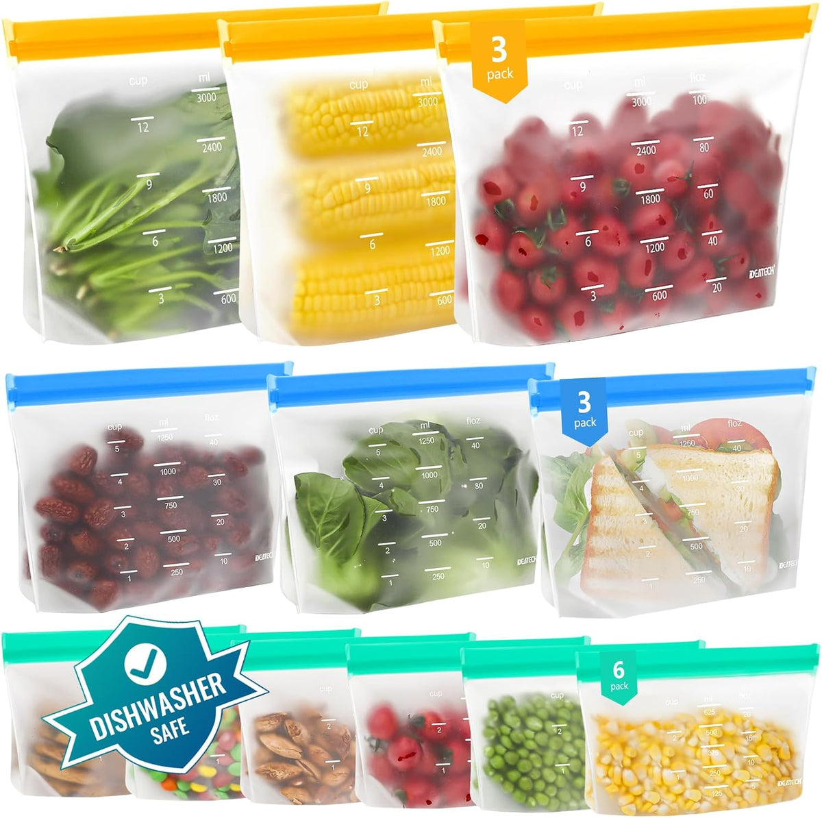 Dishwasher Safe Food Storage Bags Stand Up, 12Pack Reusable Gallon Freezer Bags, Reusable Bags Various Size, Reusable Sandwich Bags, Leakproof BPA Free Reusable Bags for Lunch, Snack(12Pack)