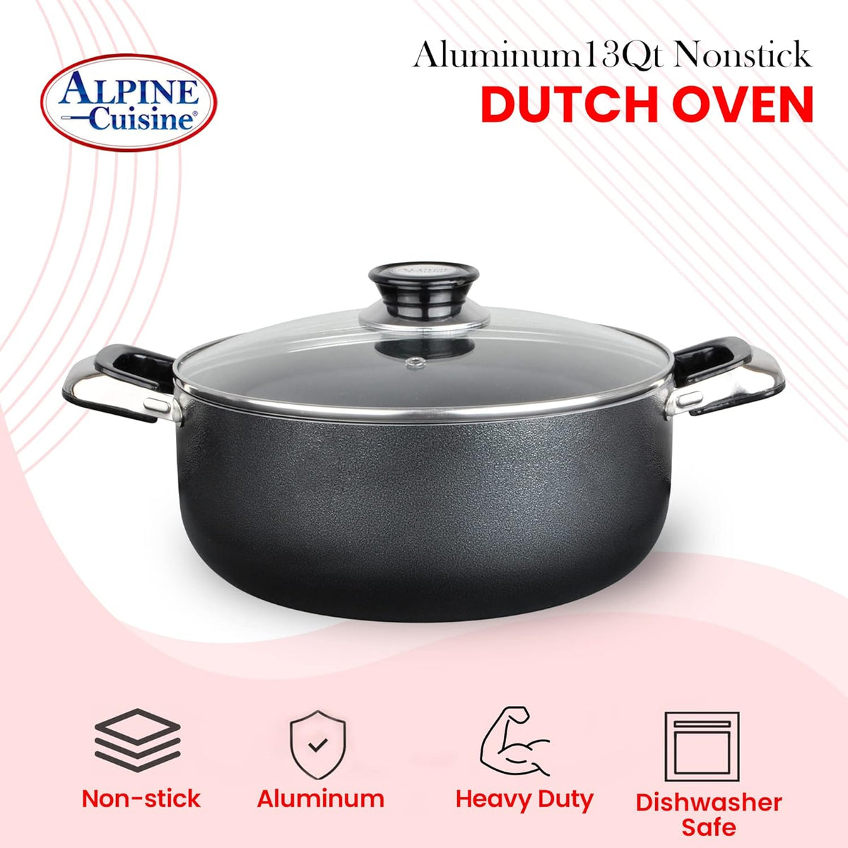 Alpine Cuisine 13 Quart Non-stick Stock Pot with Tempered Glass Lid and Carrying Handles, Multi-Purpose Cookware Aluminum Dutch Oven for Braising, Boiling, Stewing