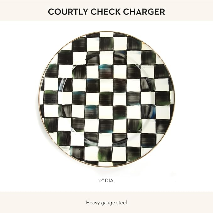MACKENZIE-CHILDS Enamel Charger Plate, Charger Decoration for Dinner Plates or Home Decor, 12 Inches, Black-and-White Courtly Check, Set of 1
