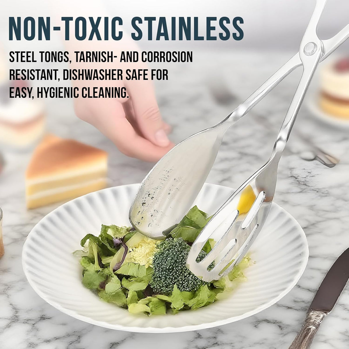 2-PACK Salad Tongs for Serving - Premium Stainless Steel Scissor-Style, Non-Toxic, Heat-Resistant Salad Servers, Dishwasher Safe, Ideal for Buffet and Party Use (Silver)
