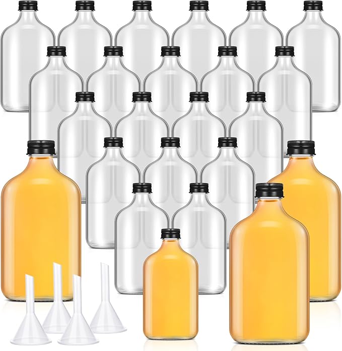 Gejoy 24 Pcs Mini Liquor Bottles Reusable Glass Flask Bottles with Black Caps Clear Empty Alcohol Shot Jars Small Champagne Jars with 4 Funnels for Wine Weddings Party Favors Christmas(6.8 oz)