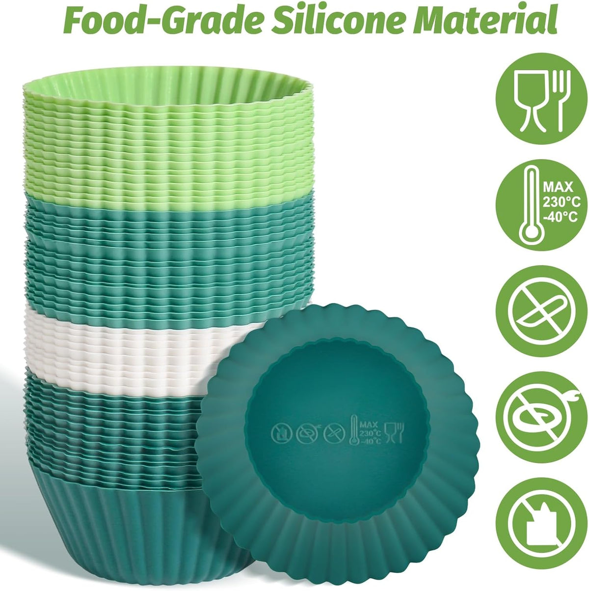 54 Pack Silicone Muffin Cups, Selizo Silicone Cupcake Baking Cups Reusable Muffin Liners Cupcake Wrapper Cups Holders for Muffins, Cupcakes, and Candies (Navy, Gray Blue, Green, White)