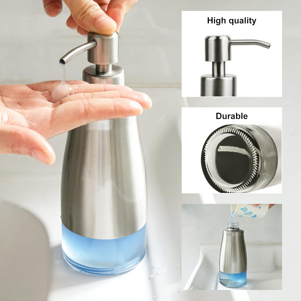2 Pack Soap Dispenser Stainless Steel Case Glass Liner Hand Pump Dispenser, Refillable Liquid Hand Soap Dispenser for Bathroom & Kitchen - Brushed Nickel, Silver & Black