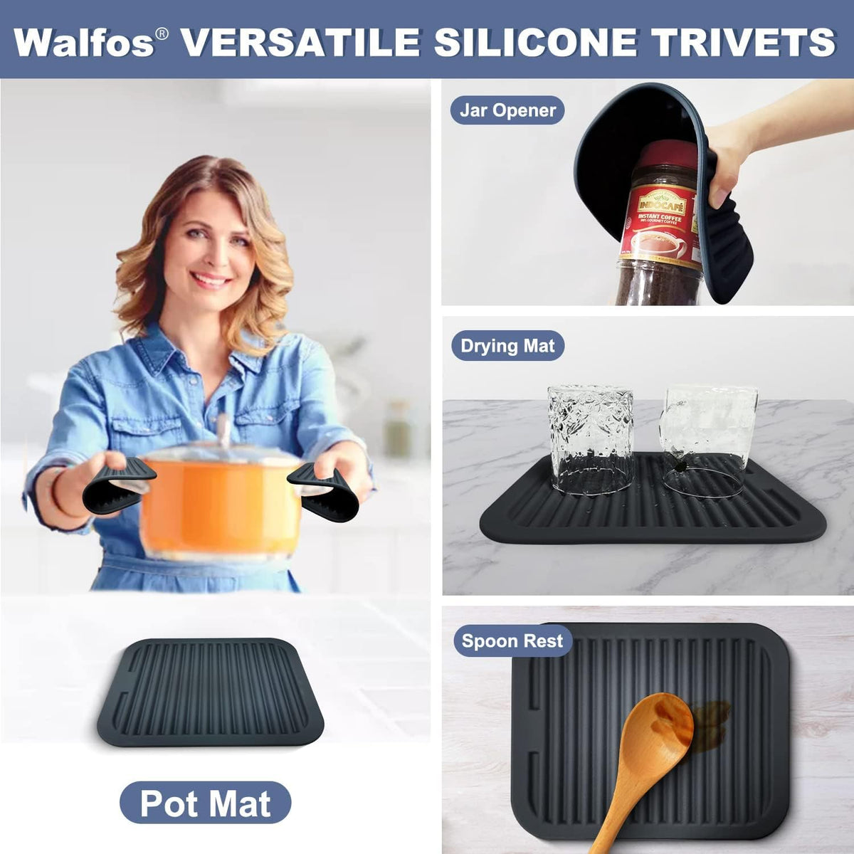 Walfos Trivets for Hot Dishes, Multi-Purpose Silicone Trivet, Heat Resistant Pot Holders for Kitchen, Non-Slip Hot Pads for Hot Pots and Pans, Quartz Countertops, 4 Pack, Black