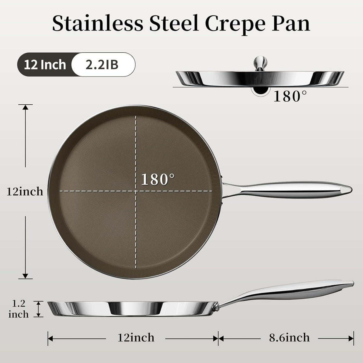 12 Inch Stainless Steel Crepe Pan - Titanium Ceramic Nonstick Crepe Pan, Stainless Steel Dosa Pancake Pan, Non Stick Flat Skillet Tawa Dosa Tortilla Griddle Pan, Induction Compatible, PFAS&PTFE Free
