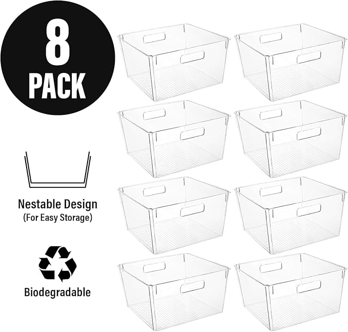 Clear Extra Large Plastic Storage Bins, Perfect for Pantry Organizers and Storage Containers Fridge Organizer Plastic Bins Kitchen Organizer Bin for Organizing Under Sink Refrigerator Organization