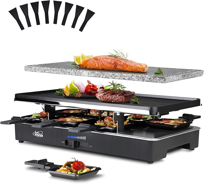 Artestia 2-in-1 1700W Adjustable Temperature Raclette Grill with Granite Stone & Non-Stick Cast Aluminum Plates | Includes 8 Mini Pans & Spatulas | Extended Power Cord | Perfect for Family Gatherings