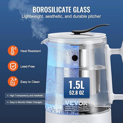VEVOR Hydrogen Water Pitcher, Rich Hydrogen Water Generator, 1.5 L Large Capacity Hydrogen Water Bottle Generator SPE and PEM Technology, Hydrogen Rich Water Ionizer Machine for Brewing Coffee or Tea