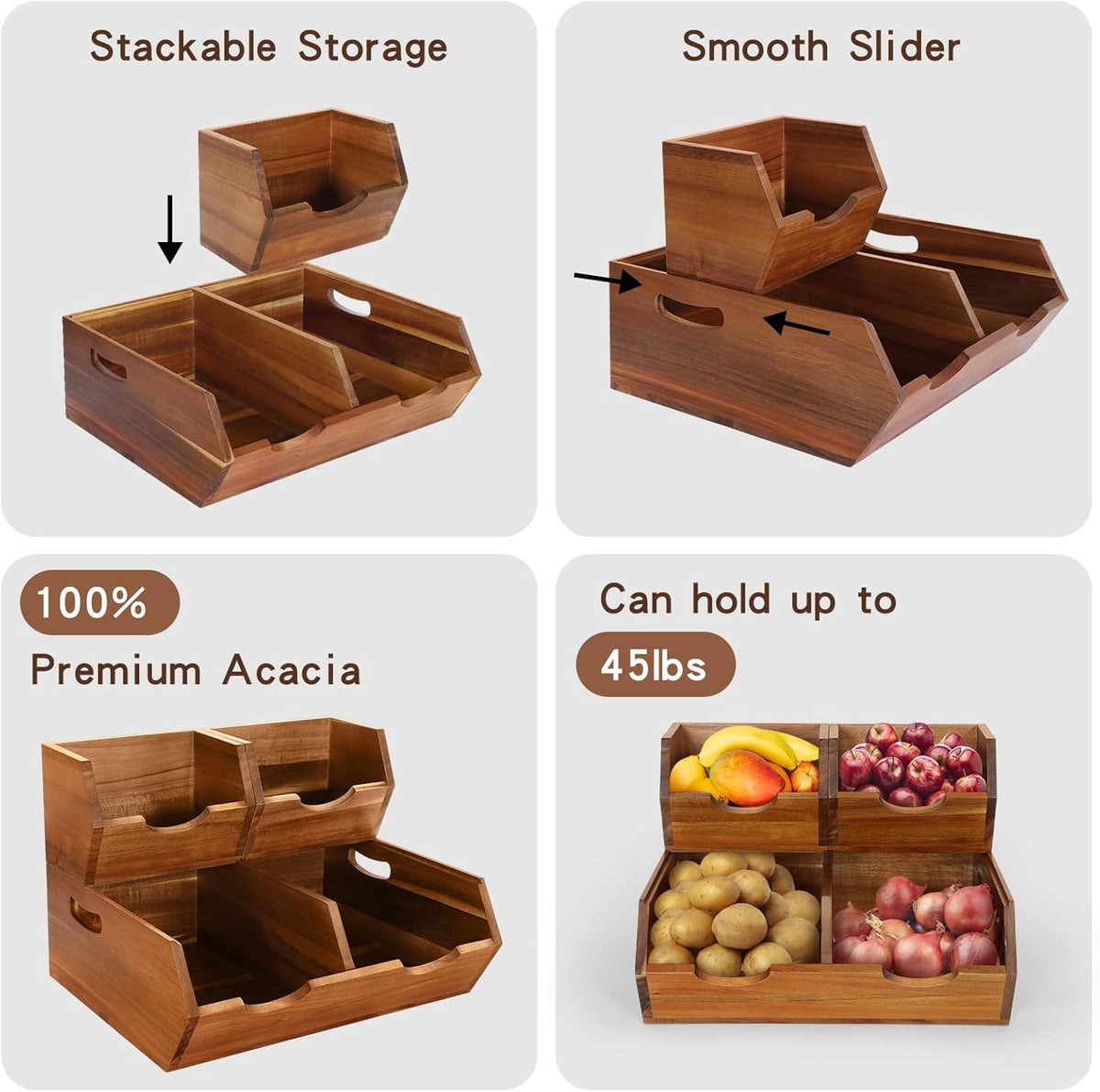 3 in 1 Acacia Wood Pantry Storage Bins for Kitchen（No installation Required）-Potato and Onion Storage Bins，2-tier Vegetable and Fruit Organizer with Anti-slip Mat，Stacking Bins for Kitchen & Pantry