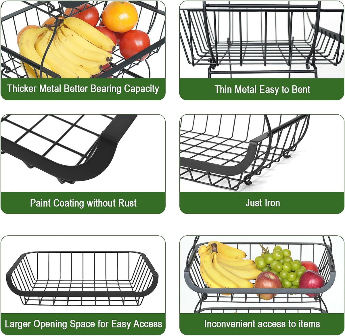 Fruit Vegetable Storage Basket, Kitchen Fruit Vegetable Storage Cart, 4 Tier Stackable Metal Wire Storage Baskets with Wheels, Produce Basket Organizer Bins for Pantry, Bathroom, Black