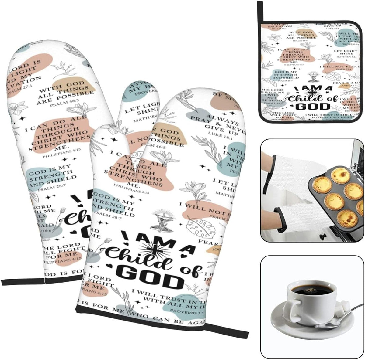 Christian Oven Mitts and Pot Holders Sets of 3, Heat Resistant Godmother Kitchen Gloves Hot Pads, Kitchen Cooking Baking Gifts for Women Cooks Bakers,Christian Gifts for Women Cooking Lover