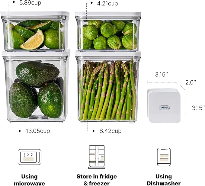 VAKUEN Premium Airtight Food Storage Containers & Vacuum Sealer Machine Starter Set, 4-piece Container with Sealer, 100% Leak Proof,Keep food fresh up to 5 times longer than non-vacuum strorage.