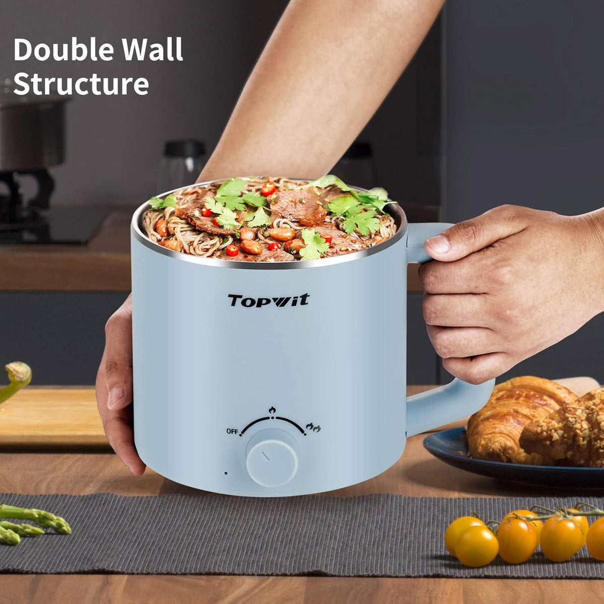 Topwit Hot Pot Electric, Electric Pot, 1.6L Ramen Cooker, Multifunctional Cooker for Pasta, Shabu-Shabu, Oatmeal, Soup and Egg with Over-Heating Protection, Boil Dry Protection, Blue