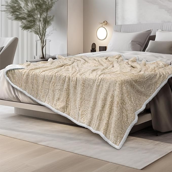 PAVILIA Melange Cream Sherpa Blanket Throw for Couch, Warm Soft Cozy Reversible Blanket Sofa Bed, Thick Plush Large Fleece Car Blanket, Decorative Home Room Decor Gifts Men Women, 50x60 Ivory Beige