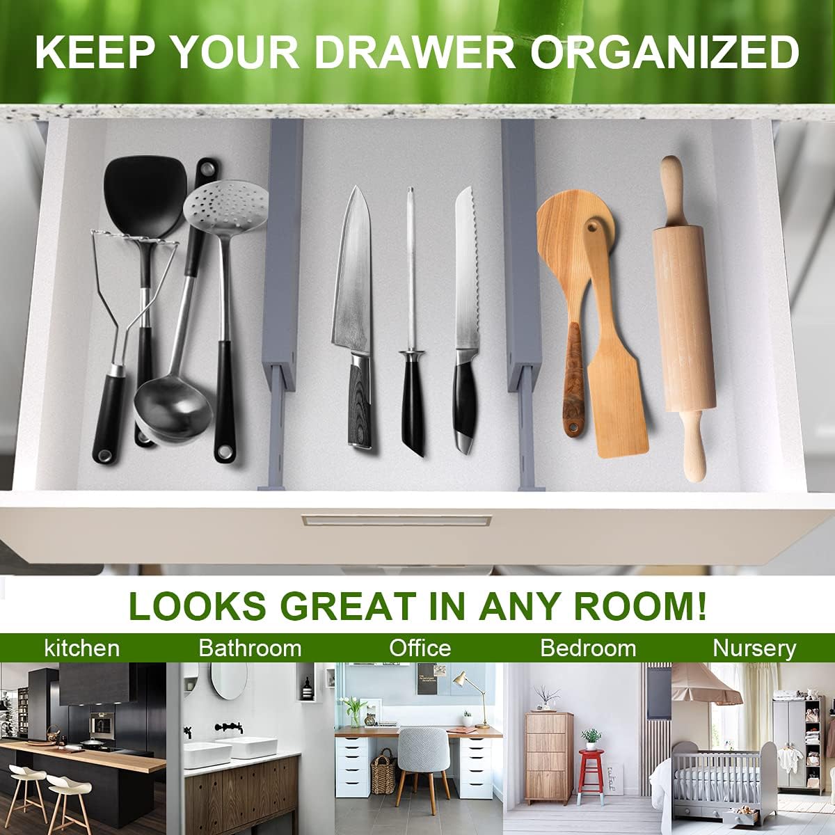 ANTOWIN Bamboo Drawer Dividers Organizers, Expandable Drawer Separators Splitter,17-22 inches Long Adjustable Spring-loaded Organizer for Large Utensil, Clothes, Tools Drawers (Grey)