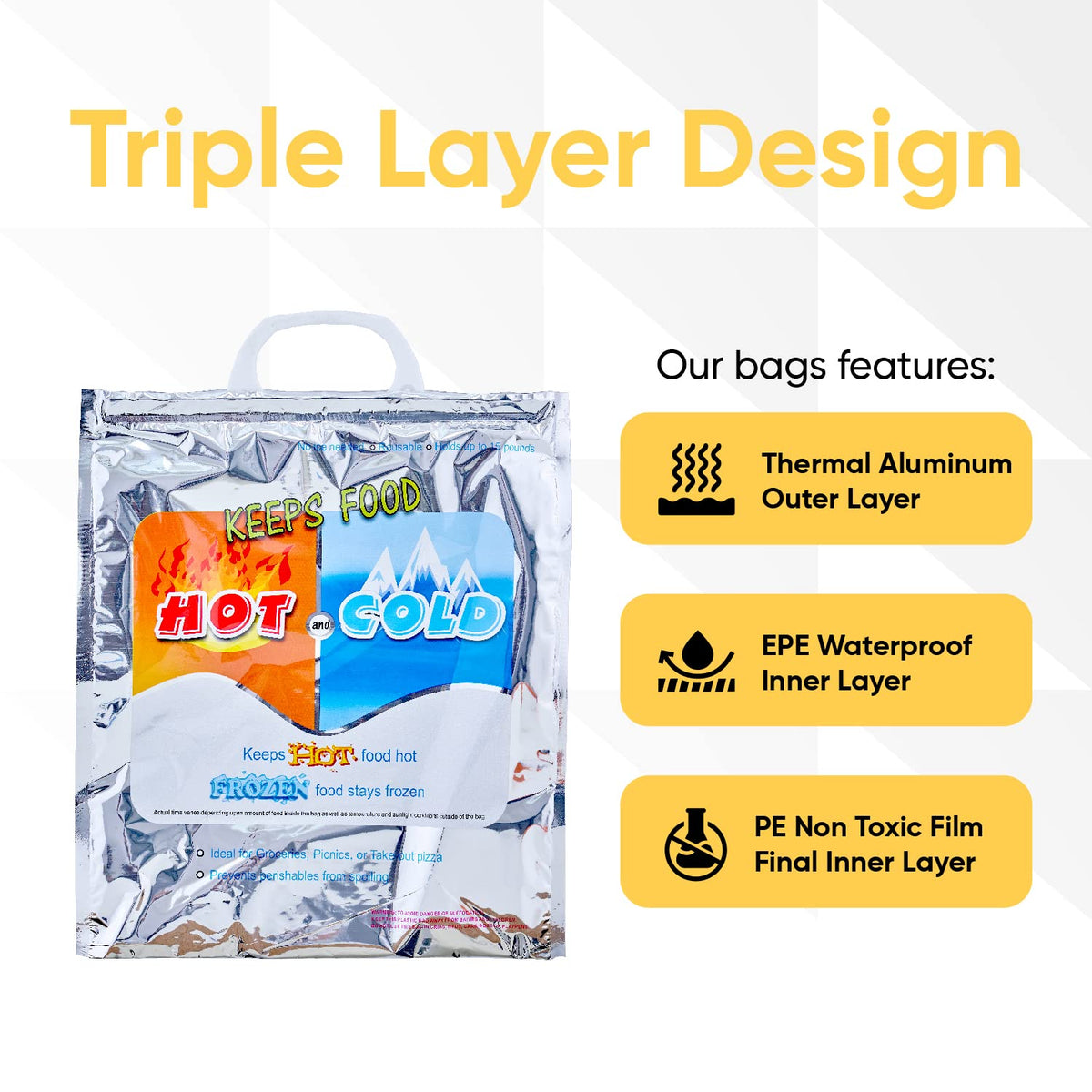 Superio Hot and Cold Insulated Bags for Food Delivery, Grocery Shopping Bags, Food Storage for Hot and Frozen Food for Travel, Disposable Cooler Bag, Reinforced Thermal Lunch Bag (6, 15.5"x13")