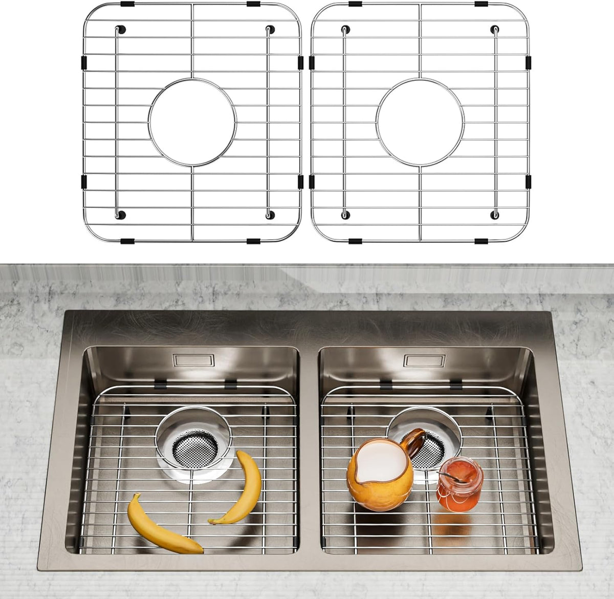 2Pack Sink Protectors for Kitchen Sink, 13’’x11-5/8’’ Stainless Steel Sink Protector with Center Drain, Rust Resistant Sink Grate for Bottom of Kitchen Sink with 2Pack Sink Drain Strainer