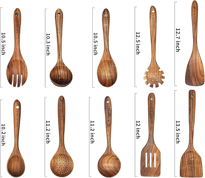 Wooden Spoons for Cooking,10 Pcs Natural Teak Wooden Cooking Utensils Wooden Kitchen Utensils Set Wooden Utensils for Cooking Wooden Spatulas for Cooking